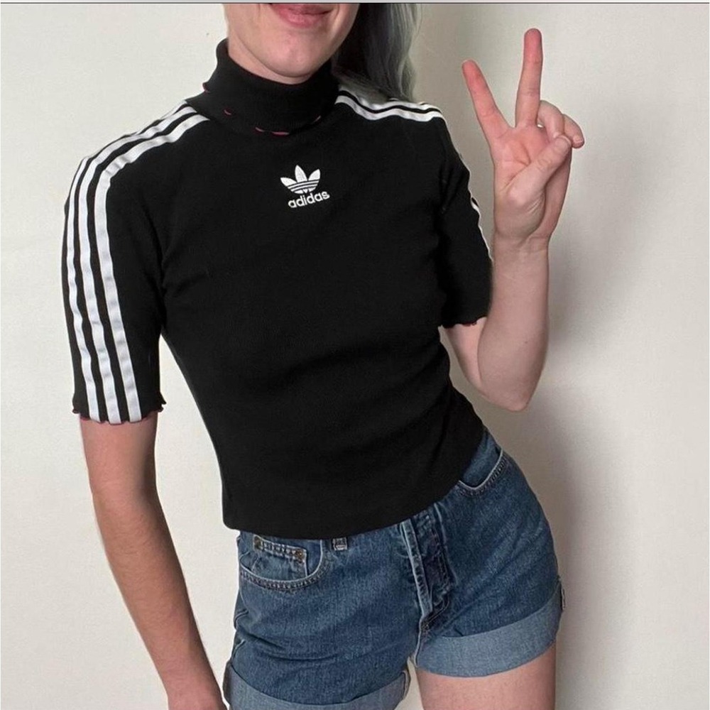 Adidas originals Mock Neck‎ Top Ribbed 3 Stripe Tee Shirt Ruffle Trim Black XS - Picture 2 of 12